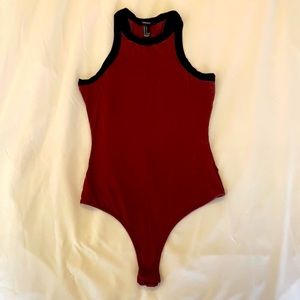 NWOT Forever 21 Brown-Maroon & Black Trim High-Cut Bodysuit Snap-Buttons Size S